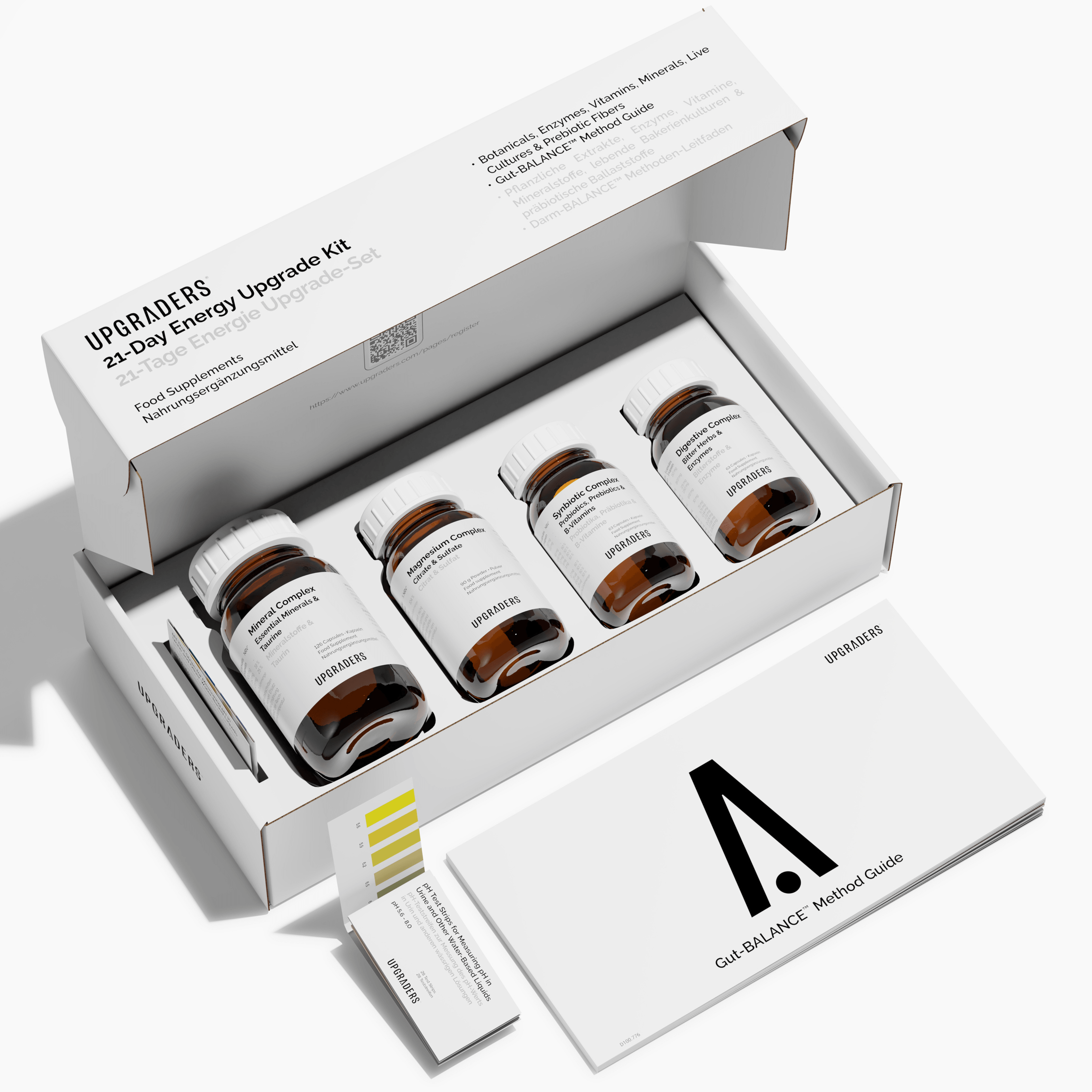 Upgraded 21-Day Energy Upgrade Kit with supplement bottles and method guide on a white background