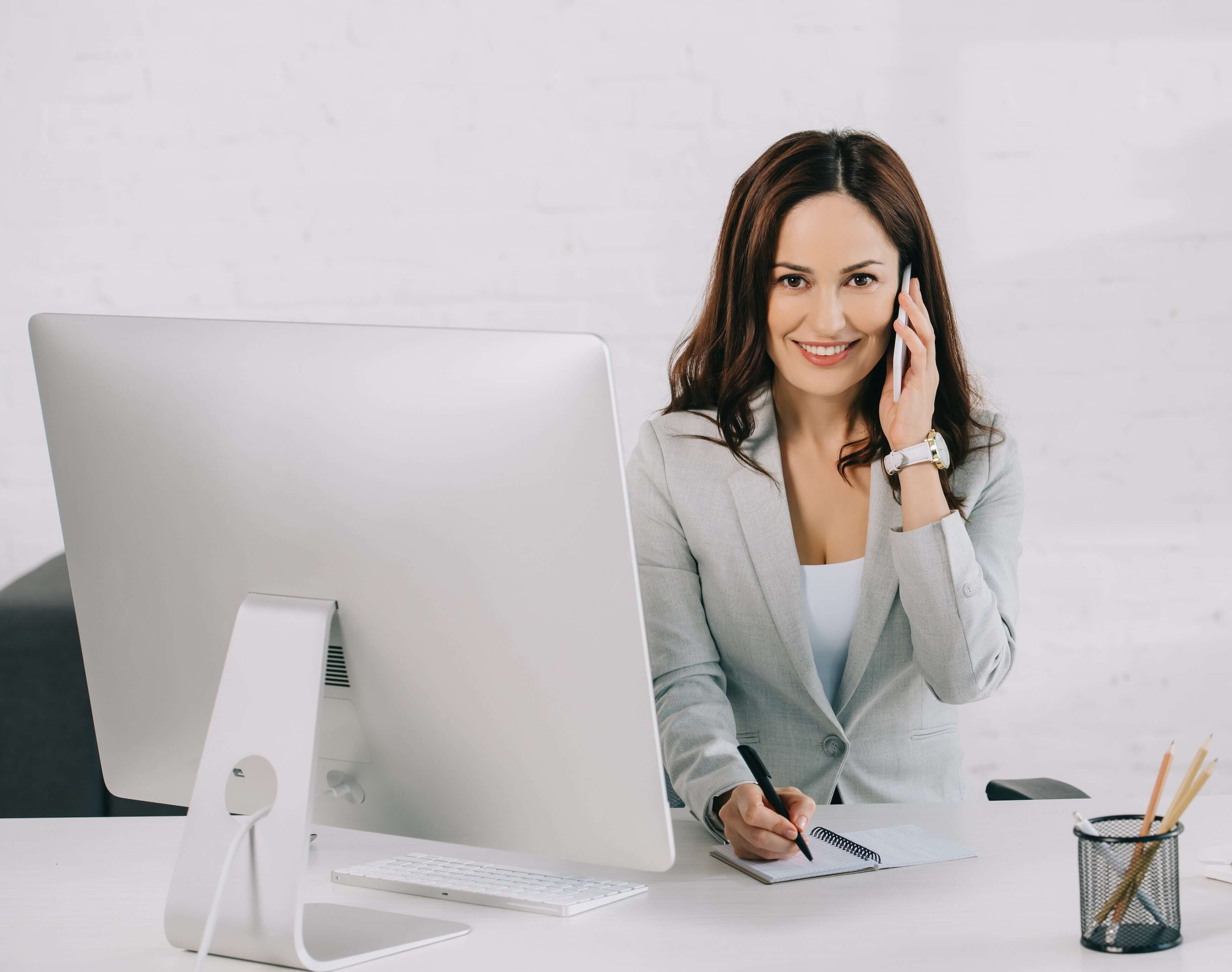 a woman answering calls 
