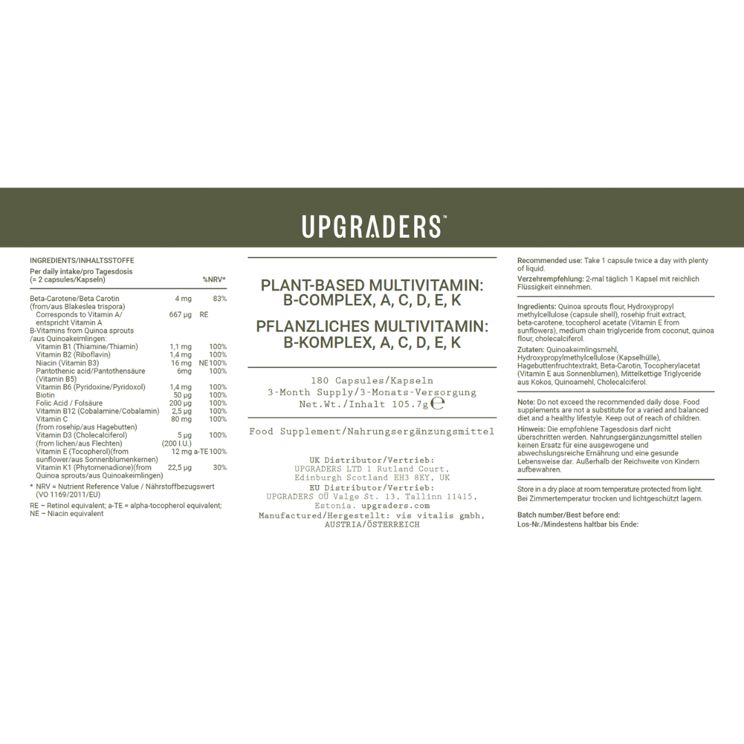 Plant-Based Multivitamin: B-Complex, Vitamins C, A, D, K & E label